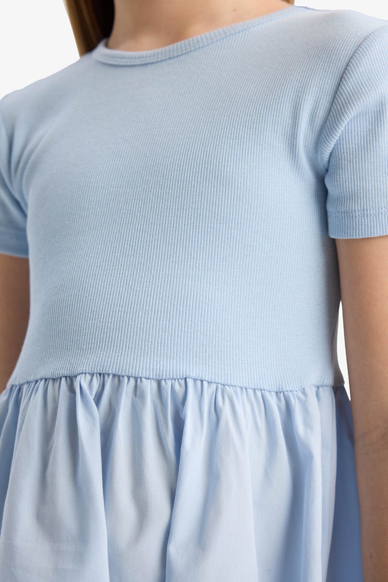 ديفاكتو فستان بناتي أزرق مضلع نص كم برقبة مستديرة - Image 5